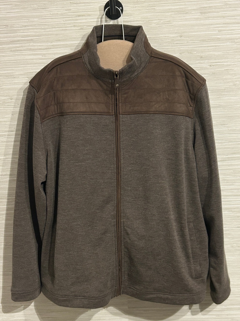 Johnston & Murphy Mens 3XL Brown Faux Suede Yoke Full Zip Jacket Sweater 74-4889